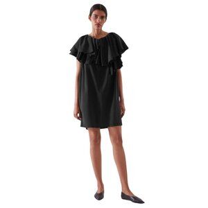 COS Ruffled Tunic Dress Size 8 Black Modern Minimal Feminine Art to Wear Edgy